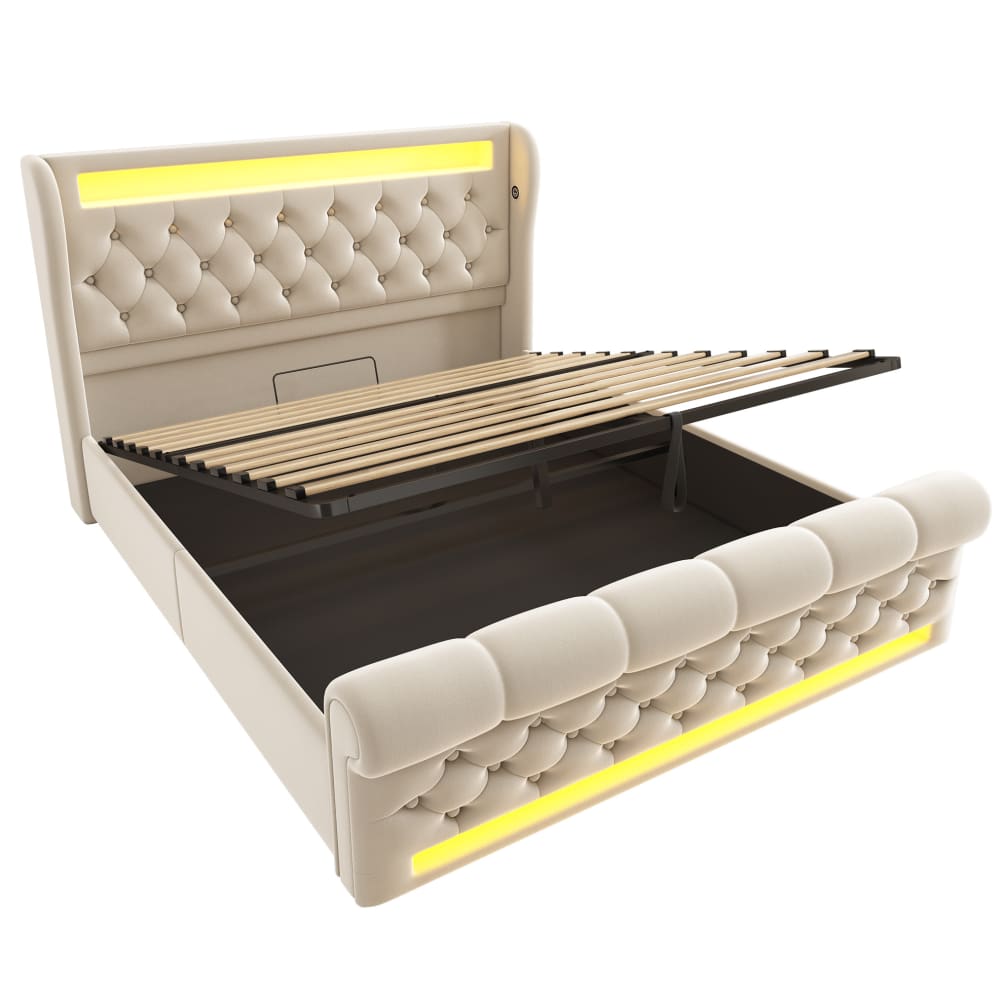 Lit coffre 140x190 cm avec led, usb-c et rangement, velours beige