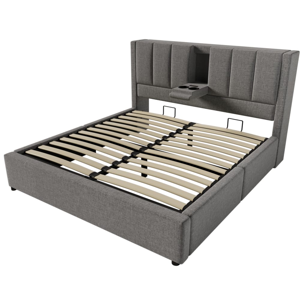 Lit adulte avec rangement, usb et porte-gobelets, 160 x 200 cm, gris