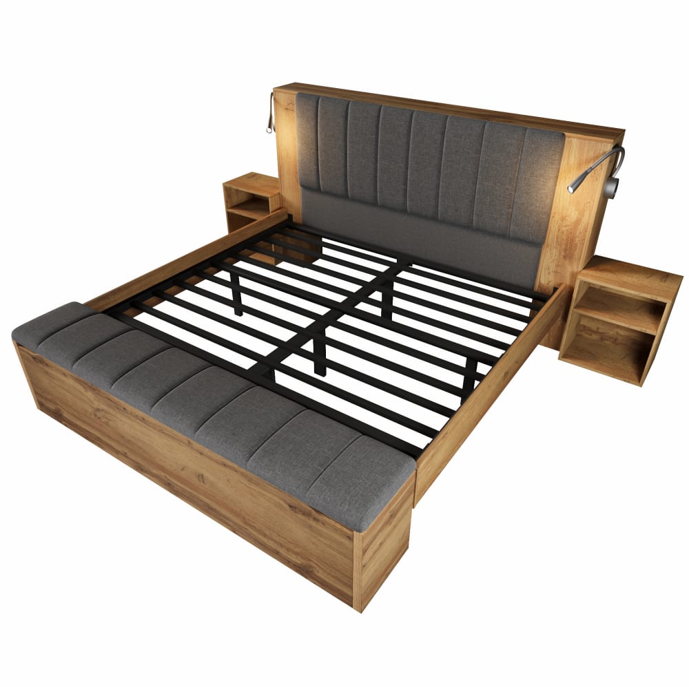Lit double 180x200 avec lampe, prise usb et rangement, chêne