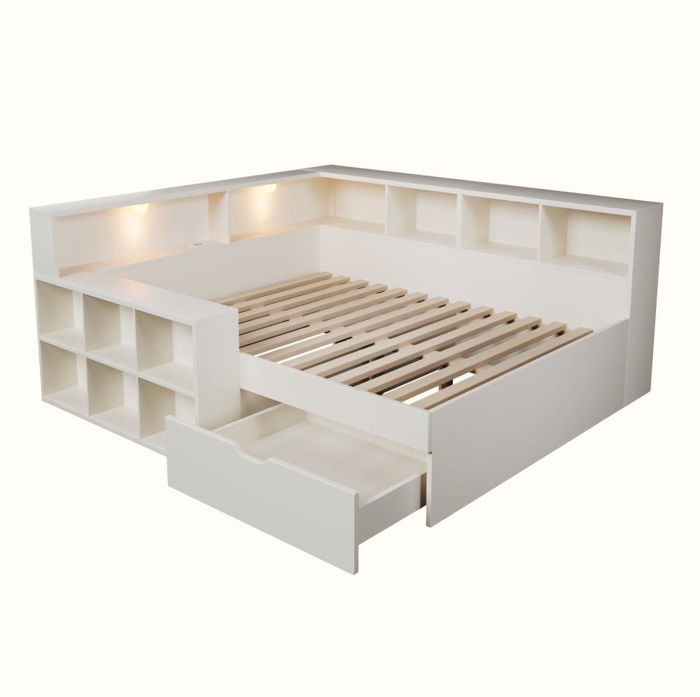 Lit enfant avec tiroir, port usb et éclairage, 140 x 190 cm, blanc