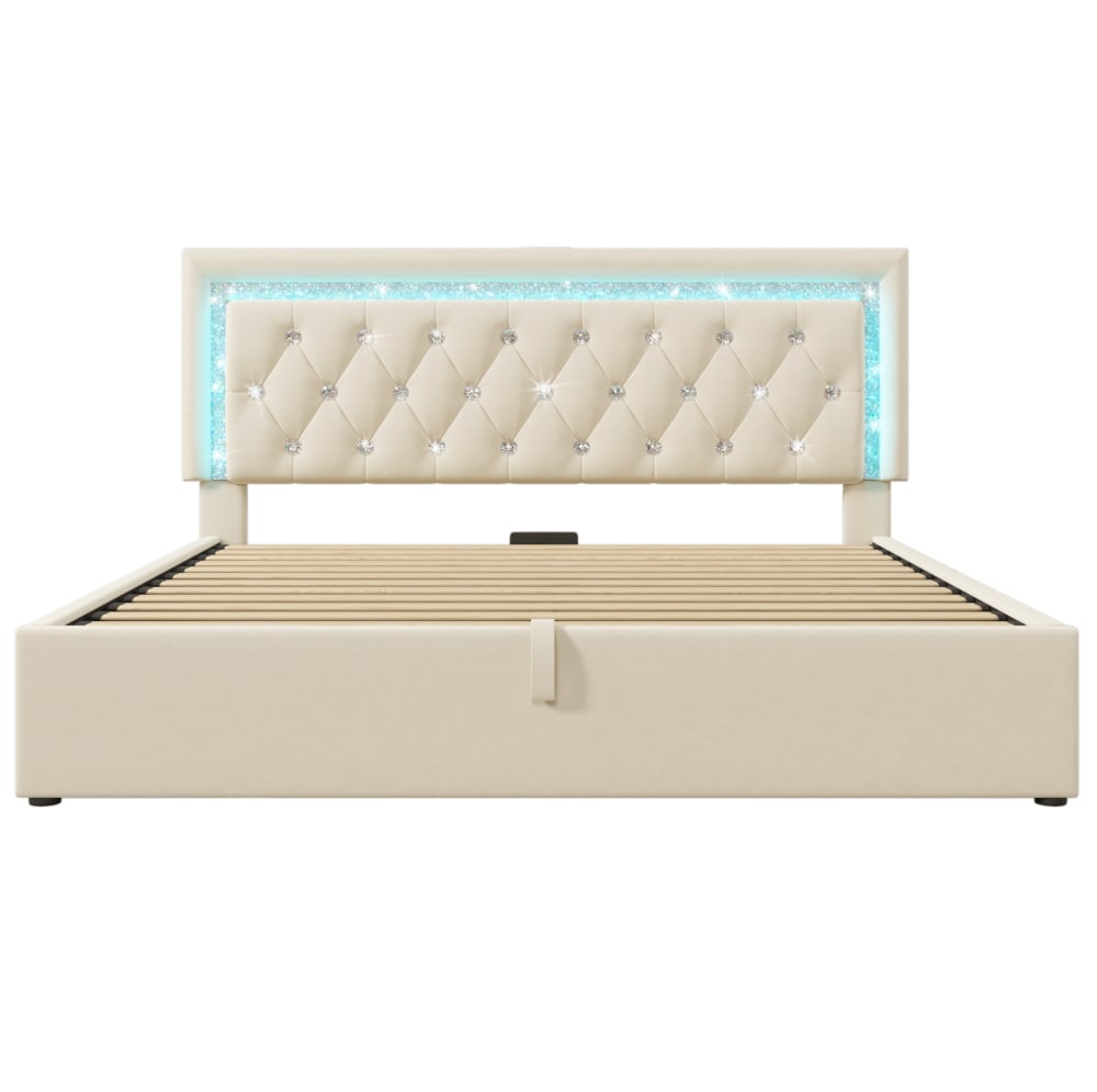 Lit coffre en velours beige 140x200 avec led, port usb et rangement