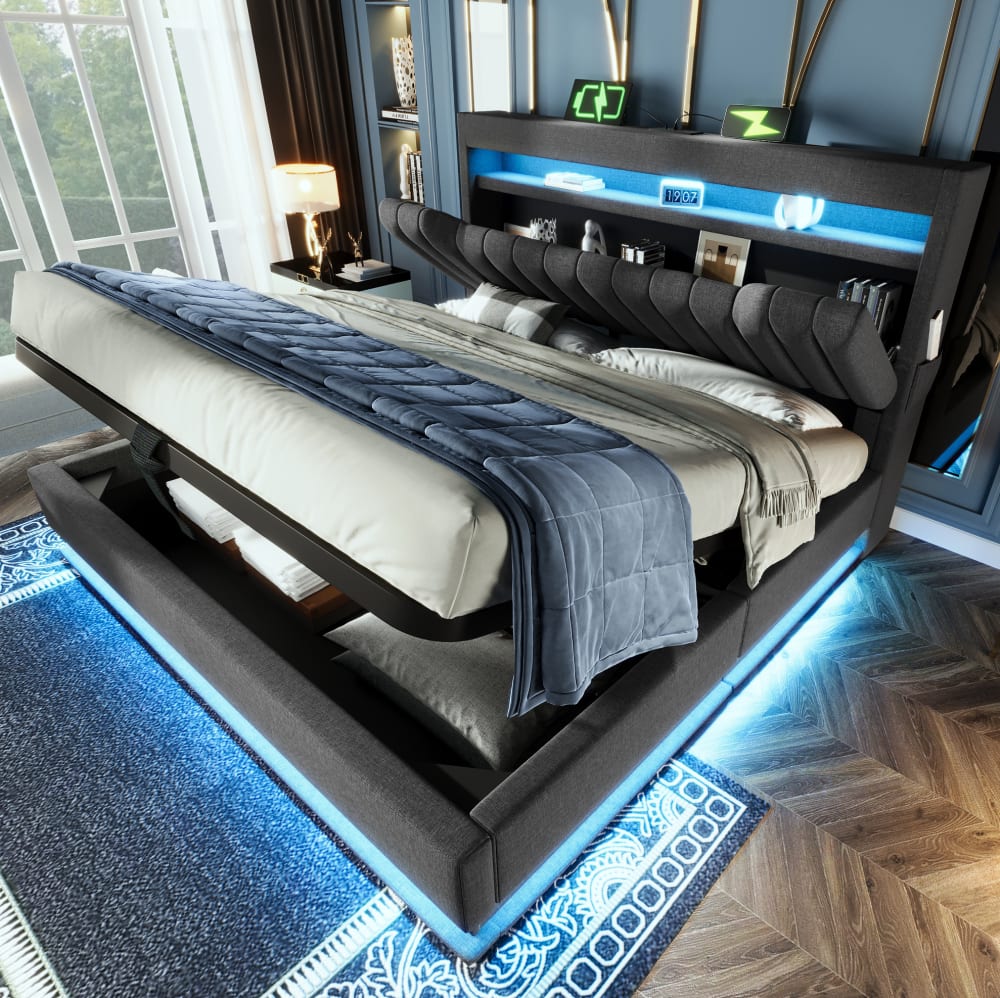 Lit coffre  avec led, port usb et rangement 180x200 cm gris