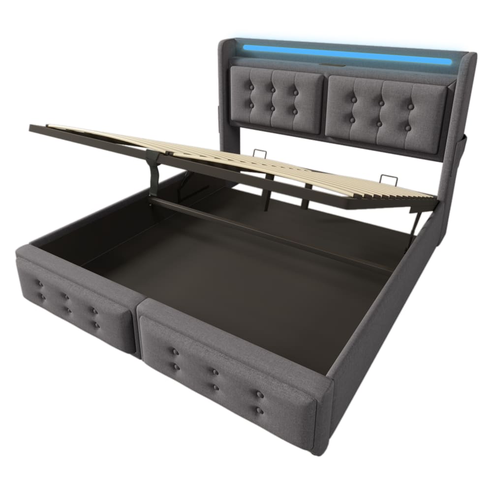 Lit adulte coffre 180x200 avec led, port usb-c, rangement, gris