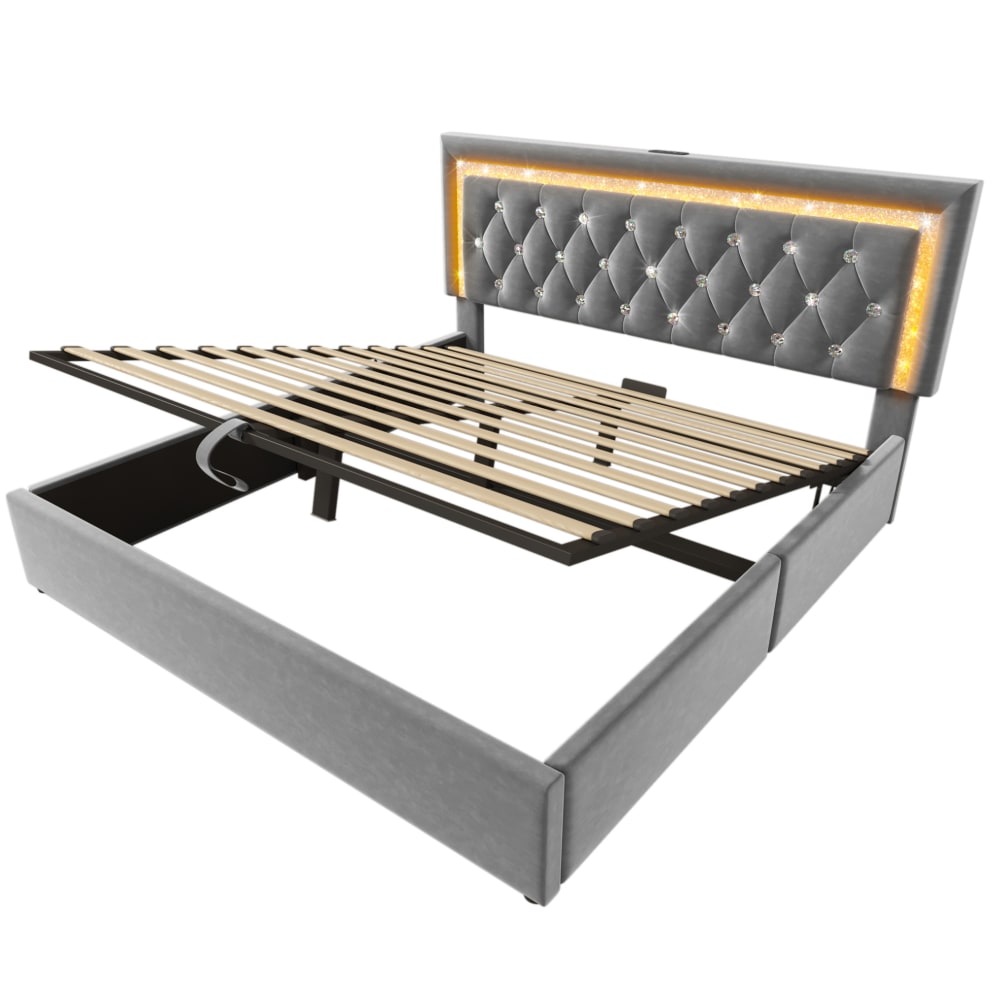 Lit coffre en velours gris 140x200 avec led, port usb et rangement