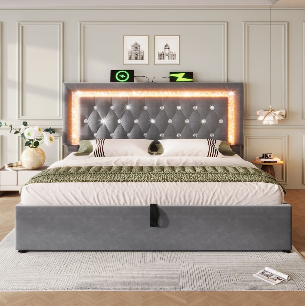 Lit coffre en velours gris 140x200 avec led, port usb et rangement