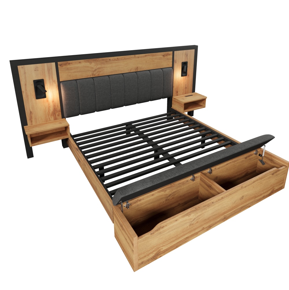 Lit adulte 180x200 avec liseuse, port usb-c et rangement, chêne