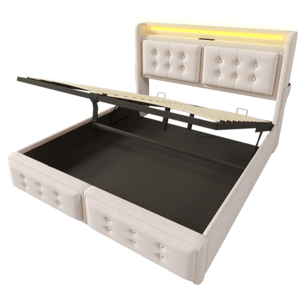 Lit adulte coffre 140x200 avec led, port usb-c, rangement, beige