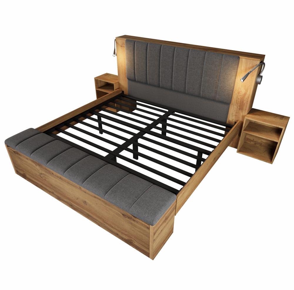 Lit double 160x200 cm avec lampe usb et rangement, chêne