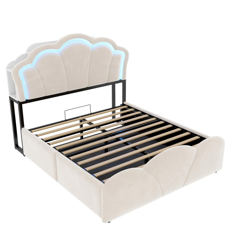 Lit enfant avec rangement, led et prises 140 x 200 cm beige