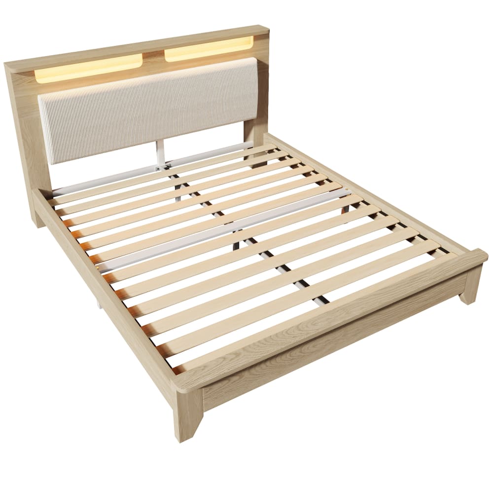 Lit adulte 160x200 avec éclairage led et rangement, chêne
