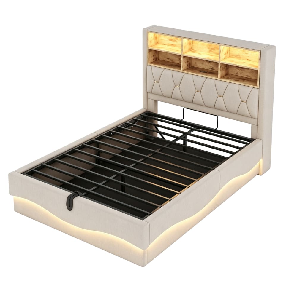 Lit adulte avec led, port usb et rangement, 140 x 200 cm, lin beige