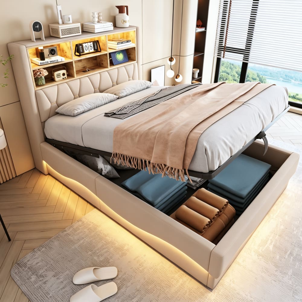 Lit adulte avec led, port usb et rangement, 140 x 200 cm, lin beige