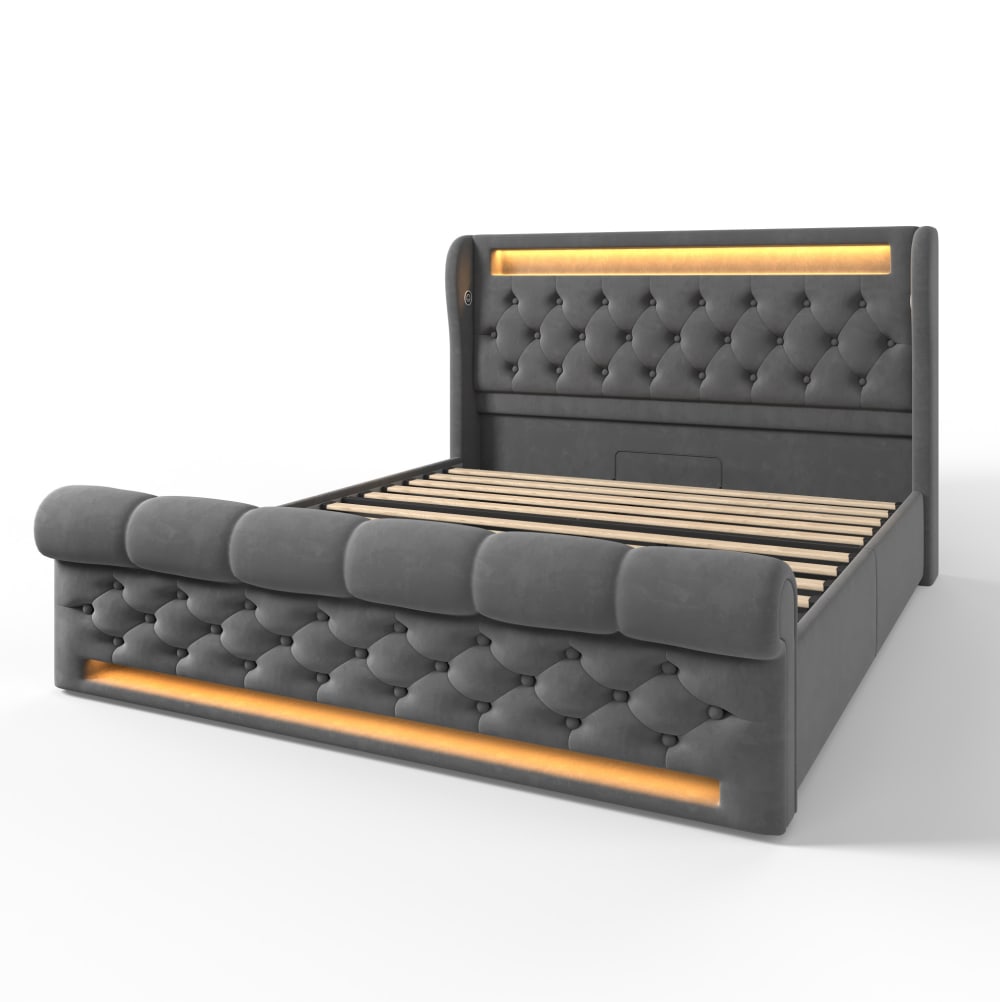 Lit adulte 140x190 cm avec led, usb-c et rangement, velours gris