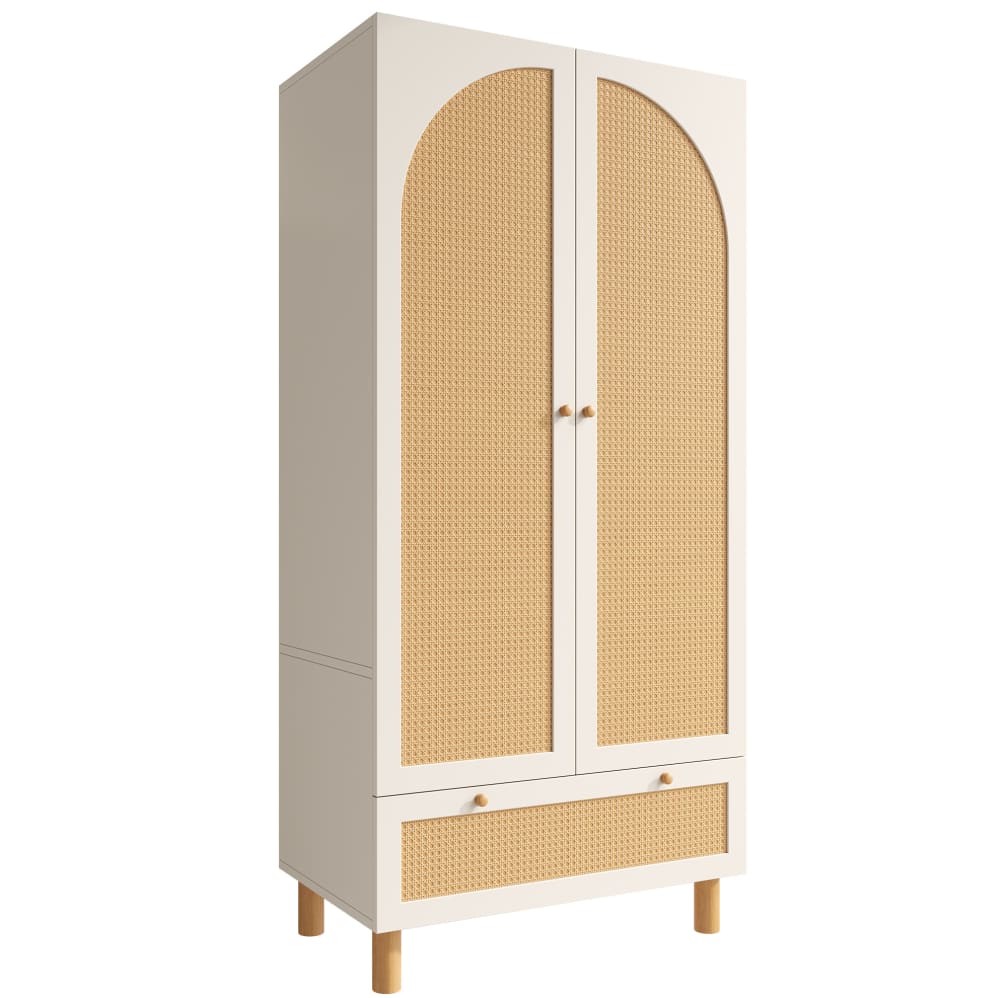 Armoire blanche avec 2 portes en rotin et tiroir, 85.5x52x180.5 cm
