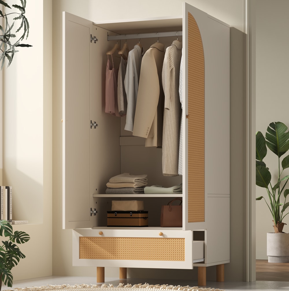 Armoire blanche avec 2 portes en rotin et tiroir, 85.5x52x180.5 cm