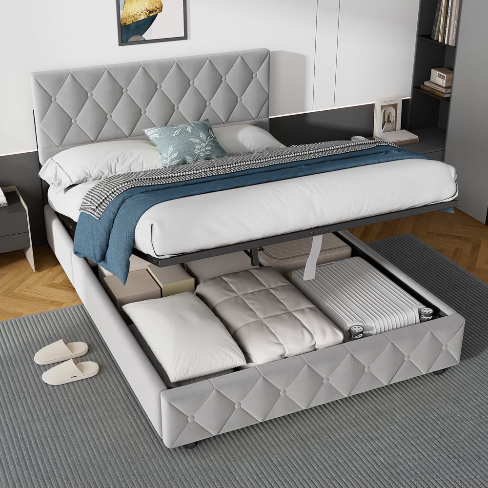 Lit adulte coffre 140x200 cm, tête de lit réglable, velours gris clair