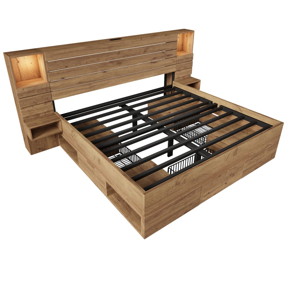 Lit double 160x200 avec led, port usb-c, tiroirs, finition chêne