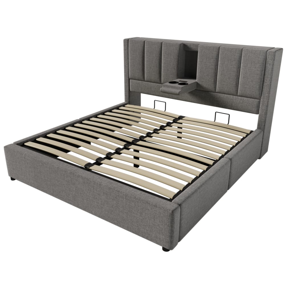 Lit enfant 140x190 avec port de charge et rangement, en lin gris