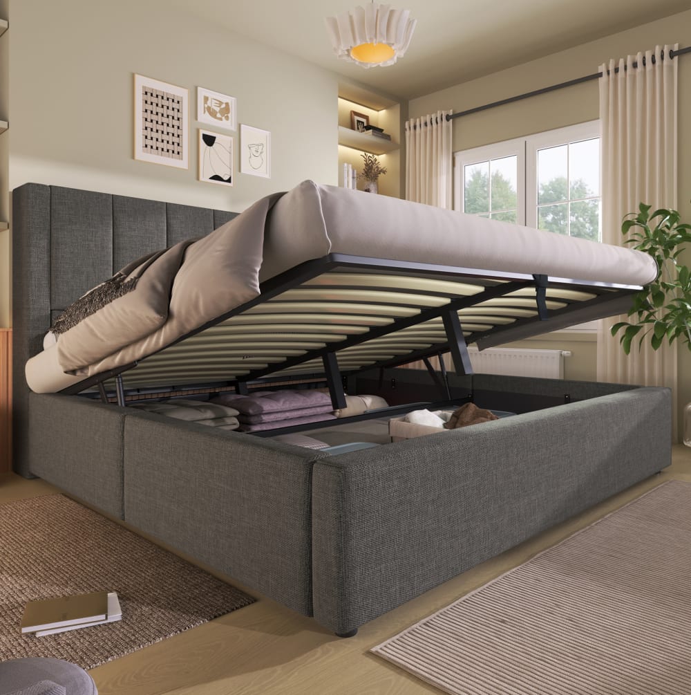 MODFU Polsterbett mit Ladestation & Stauraum 140x190 Grau style modern Grau Leinen