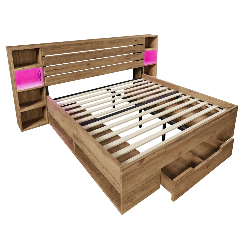 Lit double 180x200 cm avec éclairage led, port usb-c, rangement, chêne