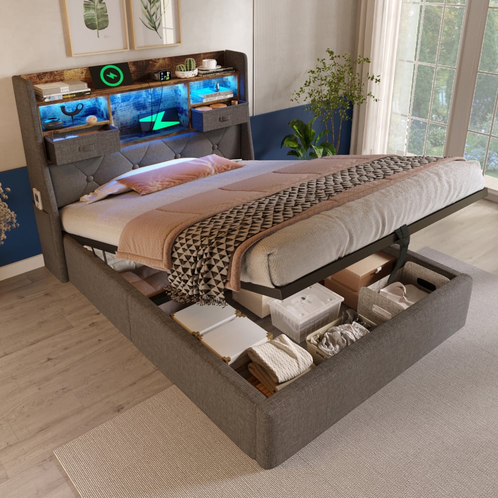MODFU Polsterbett mit LED, Stauraum & Ladestation 90x200 cm Grau style modern GRAU LEINEN Baby