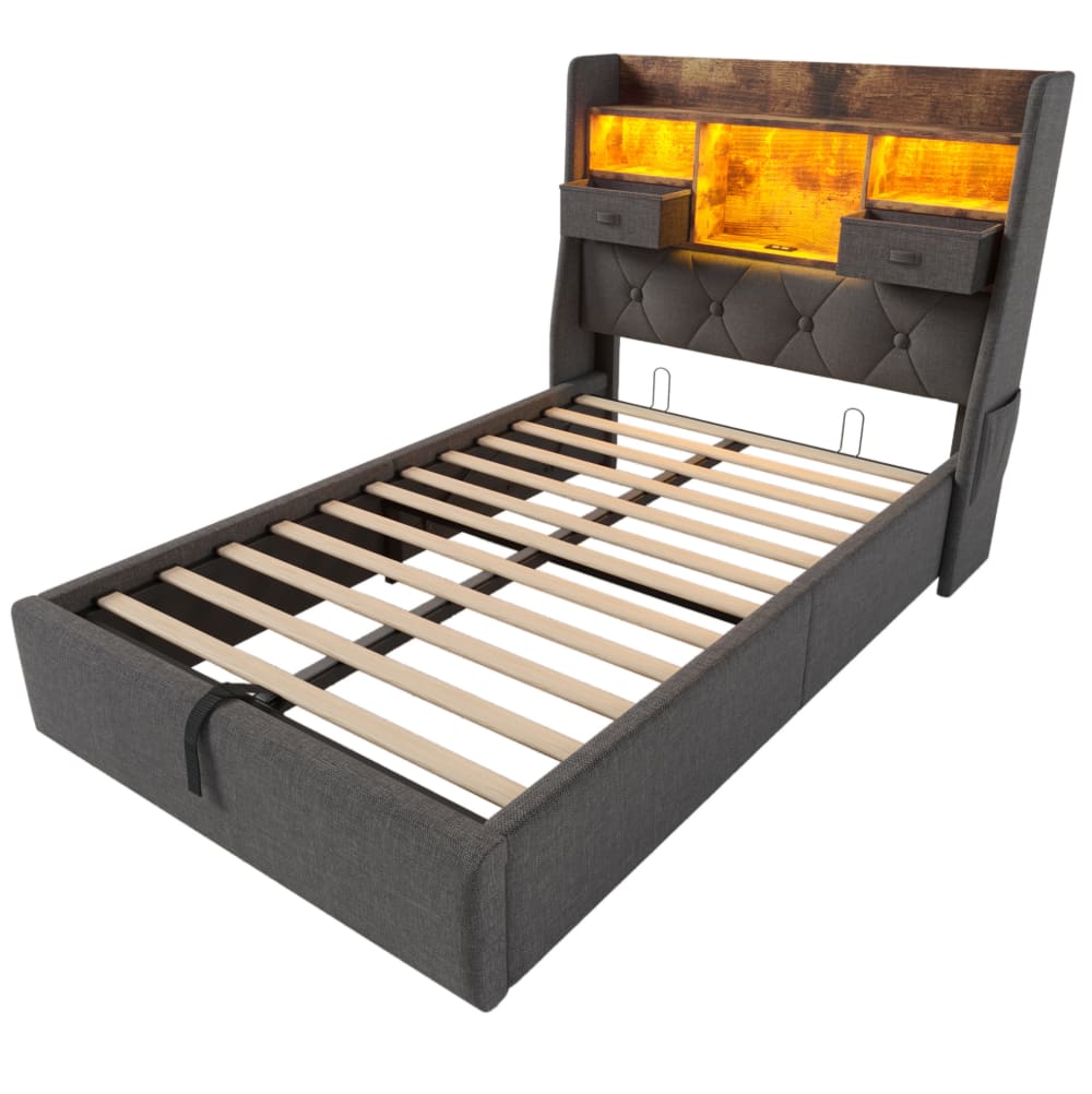 Polsterbett mit LED, Stauraum & Ladestation 90x200 cm Grau -