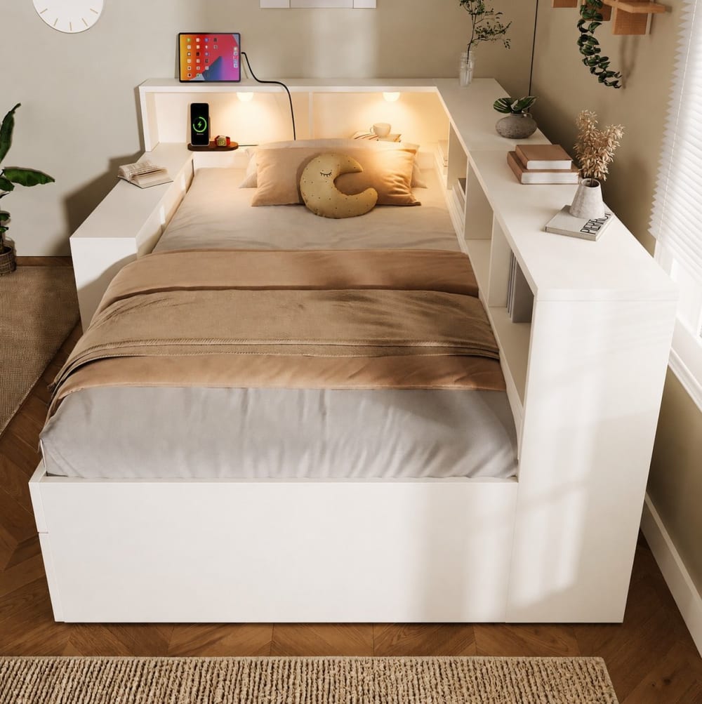 MODFU Bett mit Stauraum, Ladeanschlüssen & Leuchten 90x200 cm, Weiß style modern WEISS HOLZ Baby