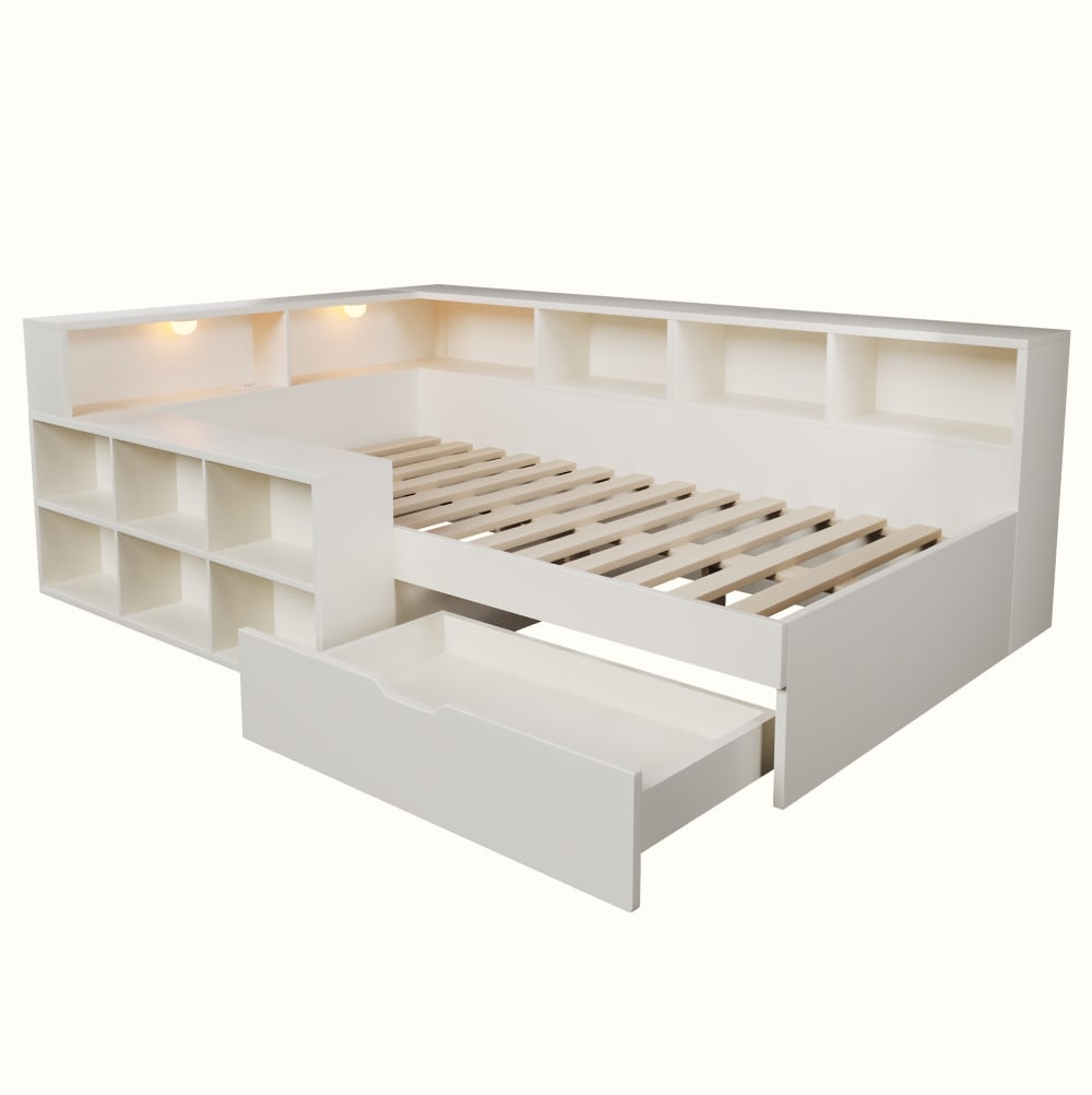 Lit enfant avec tiroir, port usb et éclairage, 90 x 200 cm, blanc