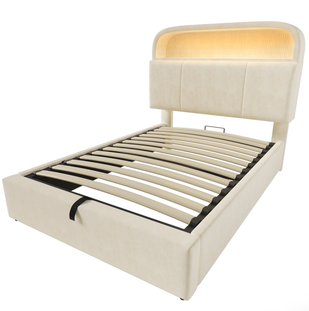 Lit enfant avec rangement, led et usb/type-c, 90x200 cm, velours beige