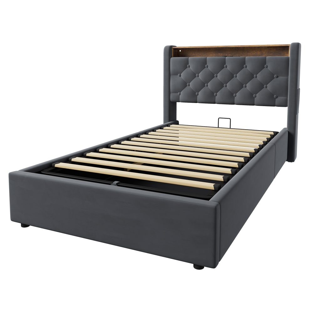 Kinder-Stauraumbett 90x200 cm mit Kopfteil, Samt Dunkelgrau -