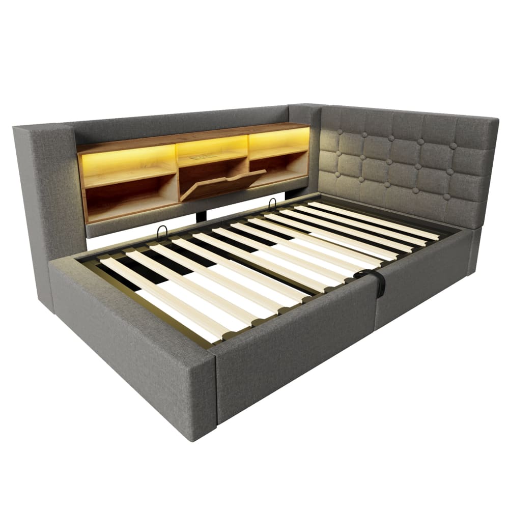 Lit enfant 90x190 cm avec éclairage led, rangement, usb, lin gris