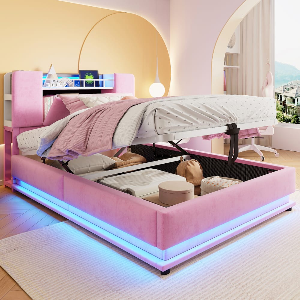 MODFU Kinder Polsterbett mit LED, USB und Stauraum, 90x200 cm Rosa style modern ROSA SAMT Baby