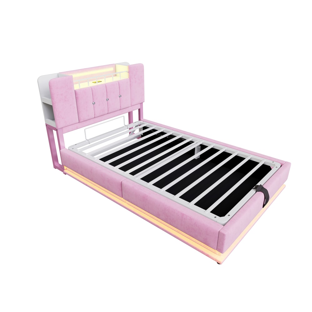 Lit enfant 90x200 cm avec led, port usb et rangement, velours rose