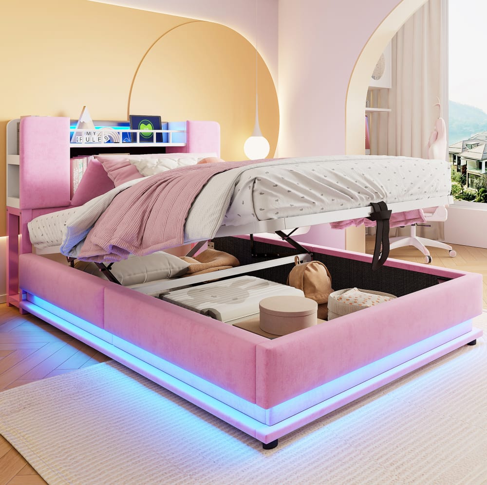 Kinder Polsterbett mit LED, USB und Stauraum,  90x200 cm Rosa -
