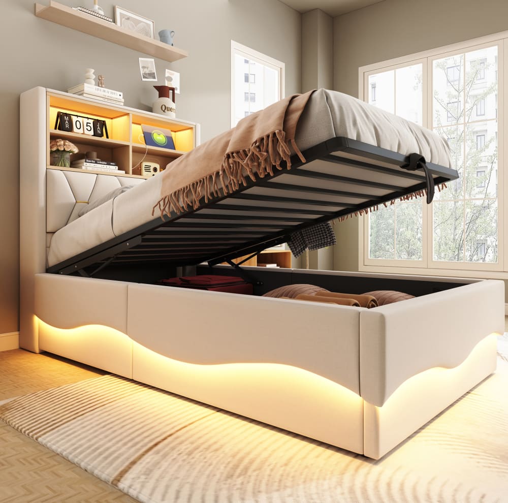 MODFU Kinderbett mit LED, Stauraum und USB 90x200 cm Beige style modern BEIGE LEINEN Baby