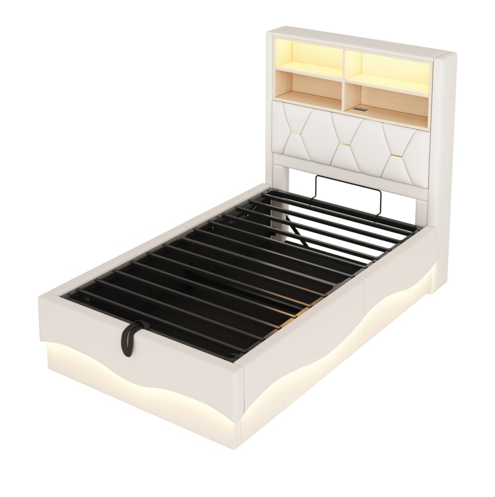 Lit enfant avec rangement, led, port usb, 90 x 200 cm, lin beige