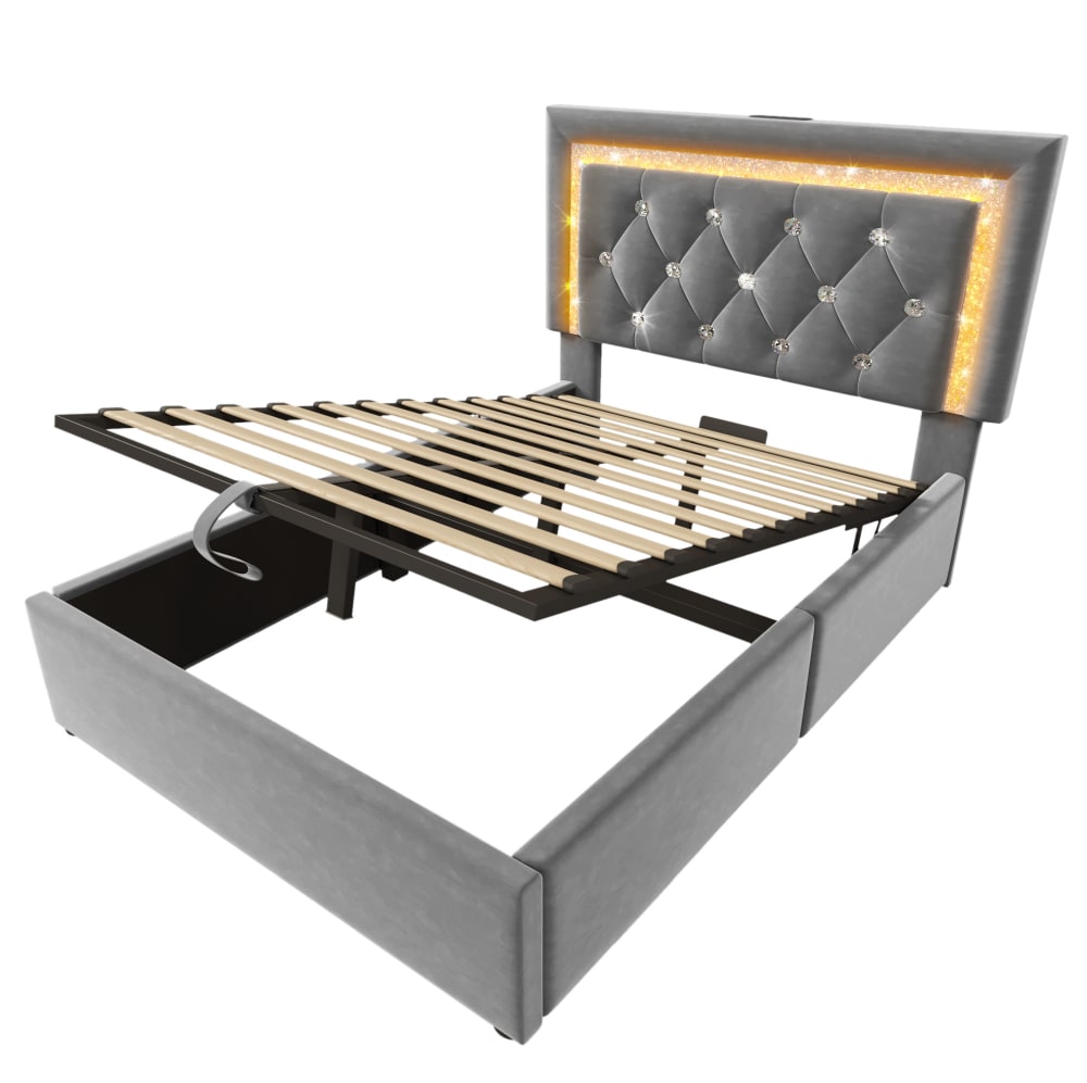 Lit enfant avec led, usb et coffre de rangement, 90 x 200 cm, gris