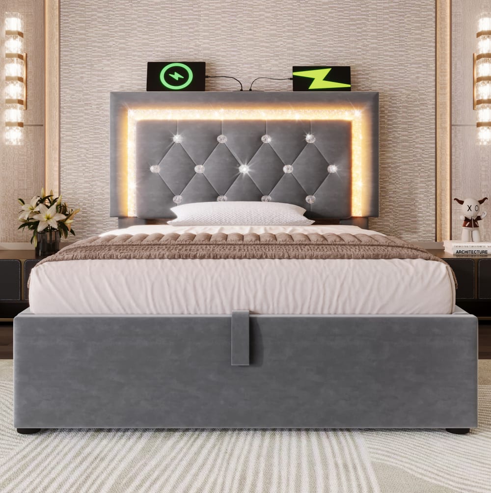 MODFU Polsterbett mit LED, USB-C, Bettkasten 90x200 Grau style modern GRAU SAMT Baby