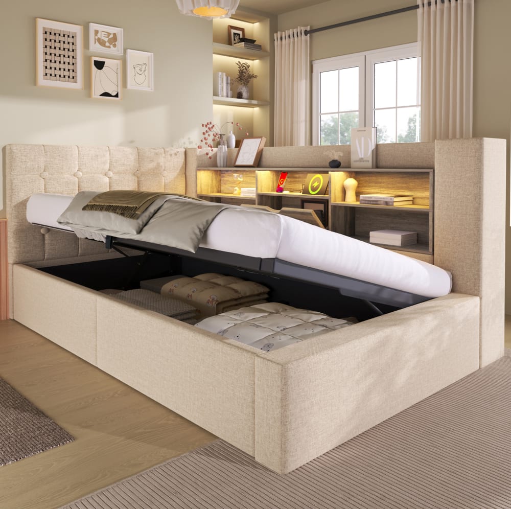 MODFU Polsterbett mit LED, Stauraum, USB, 90x190 cm, Beige style modern BEIGE LEINEN Baby
