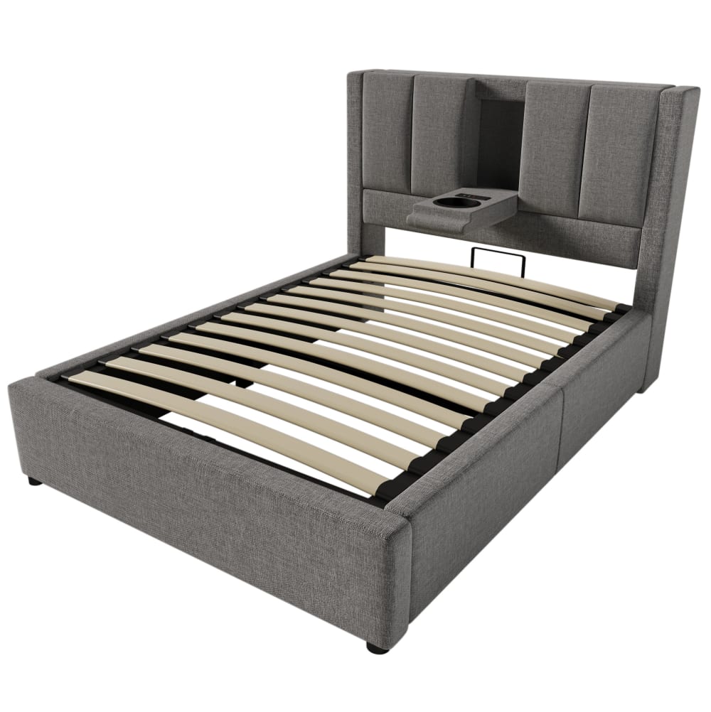 Lit enfant 90x200 avec port de charge et rangement, en lin gris