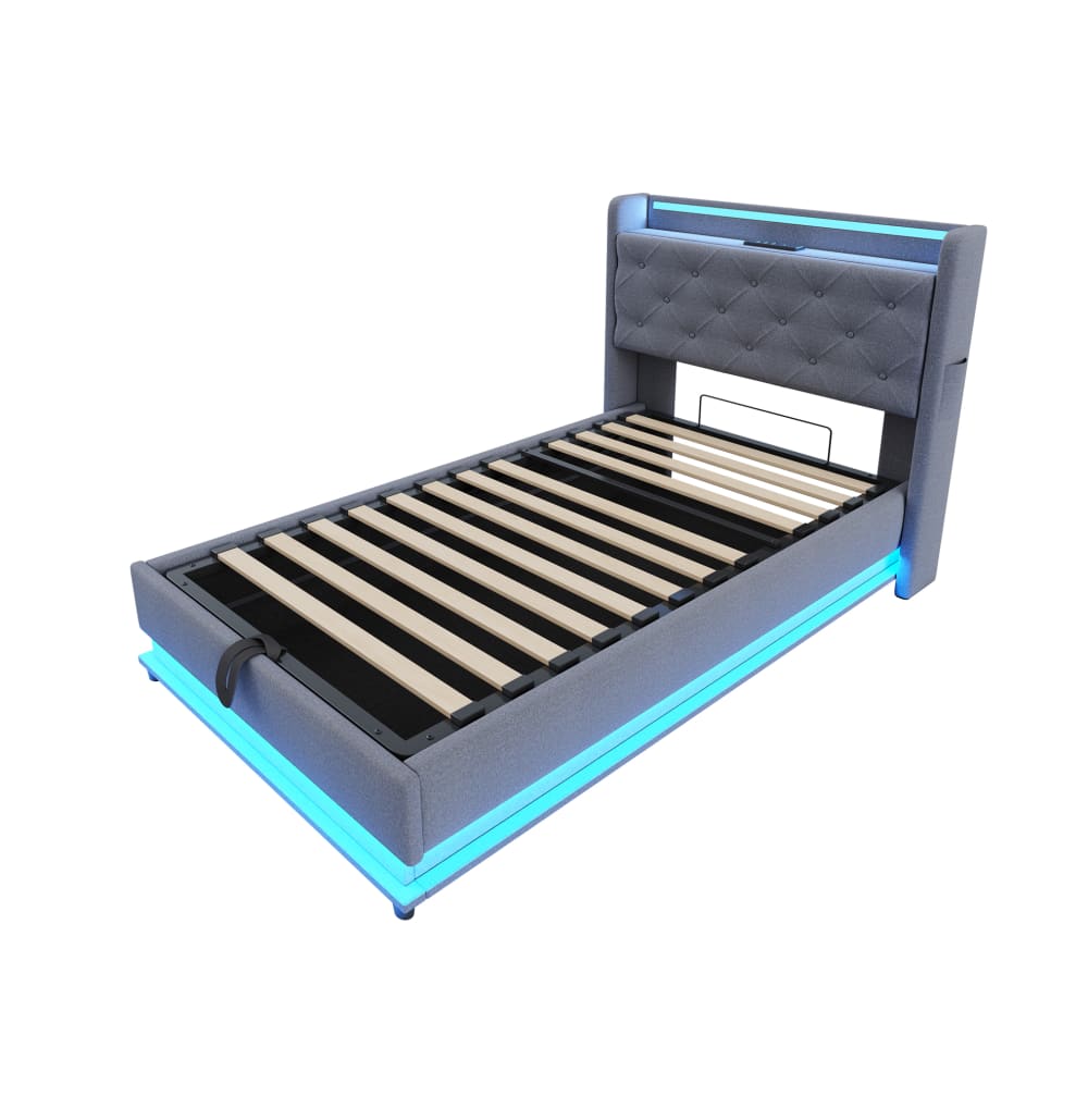 Lit enfant avec led, port usb et rangement 90x200 gris