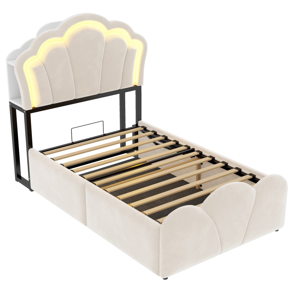 Lit enfant avec rangement, led et prises 90 x 200 cm beige