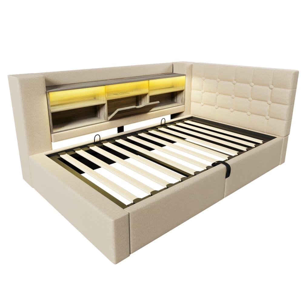 Lit enfant 90x200 avec éclairage led, rangement, matelas, beige