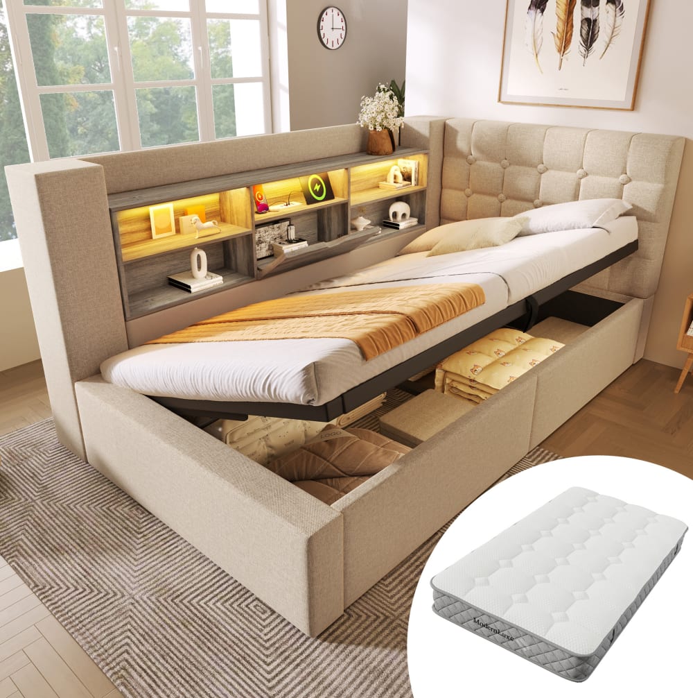 MODFU Polsterbett mit LED, Stauraum, Matratze, 90x200 cm, Beige style modern BEIGE LEINEN Baby