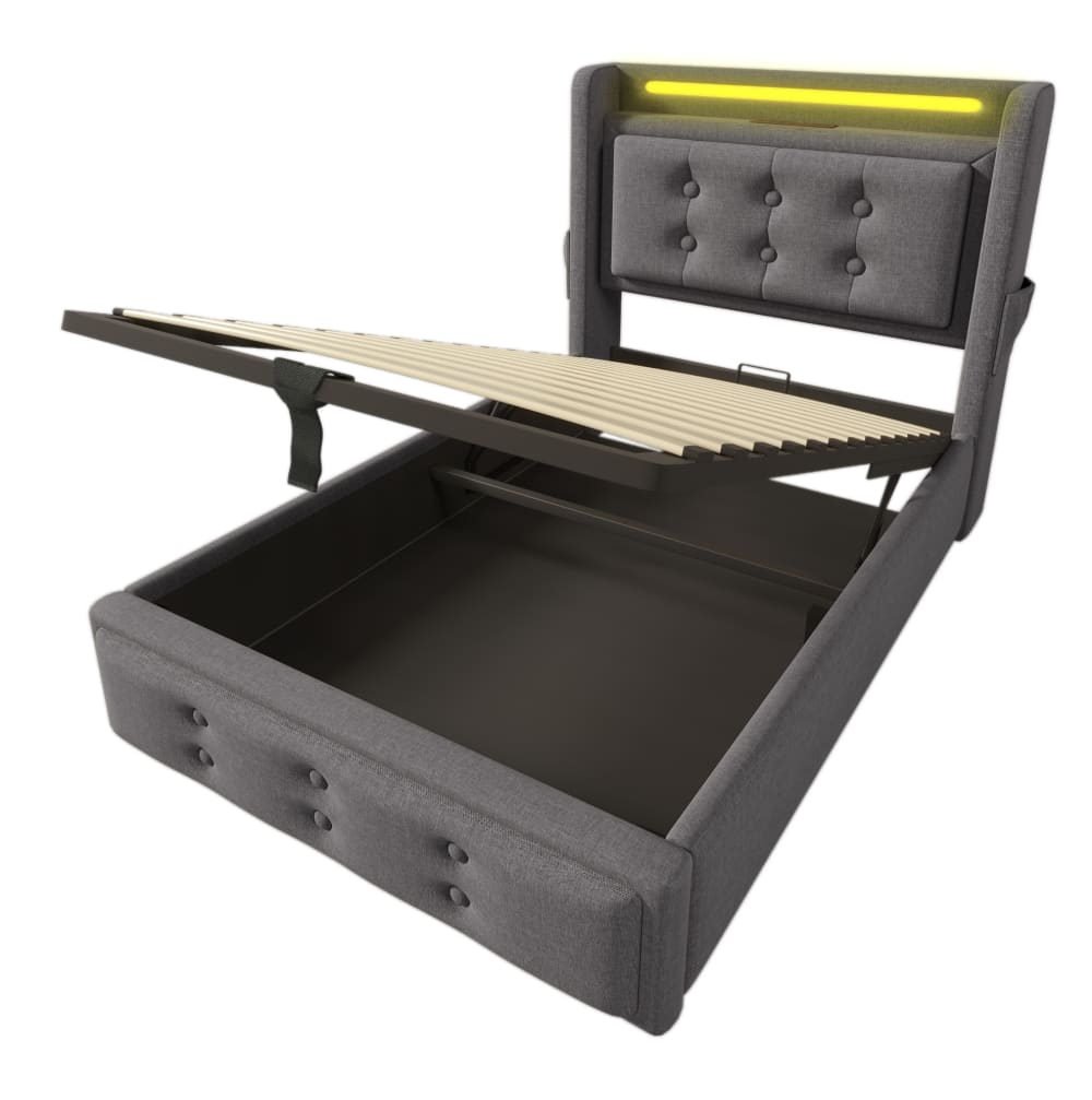 Lit enfant coffre  90x200 avec led, port usb-c, rangement, gris