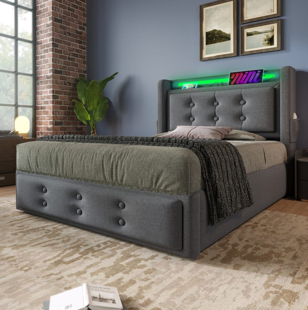 MODFU Polsterbett mit LED, USB-C, Stauraum, 90x200 cm, Grau style modern GRAU LEINEN Baby
