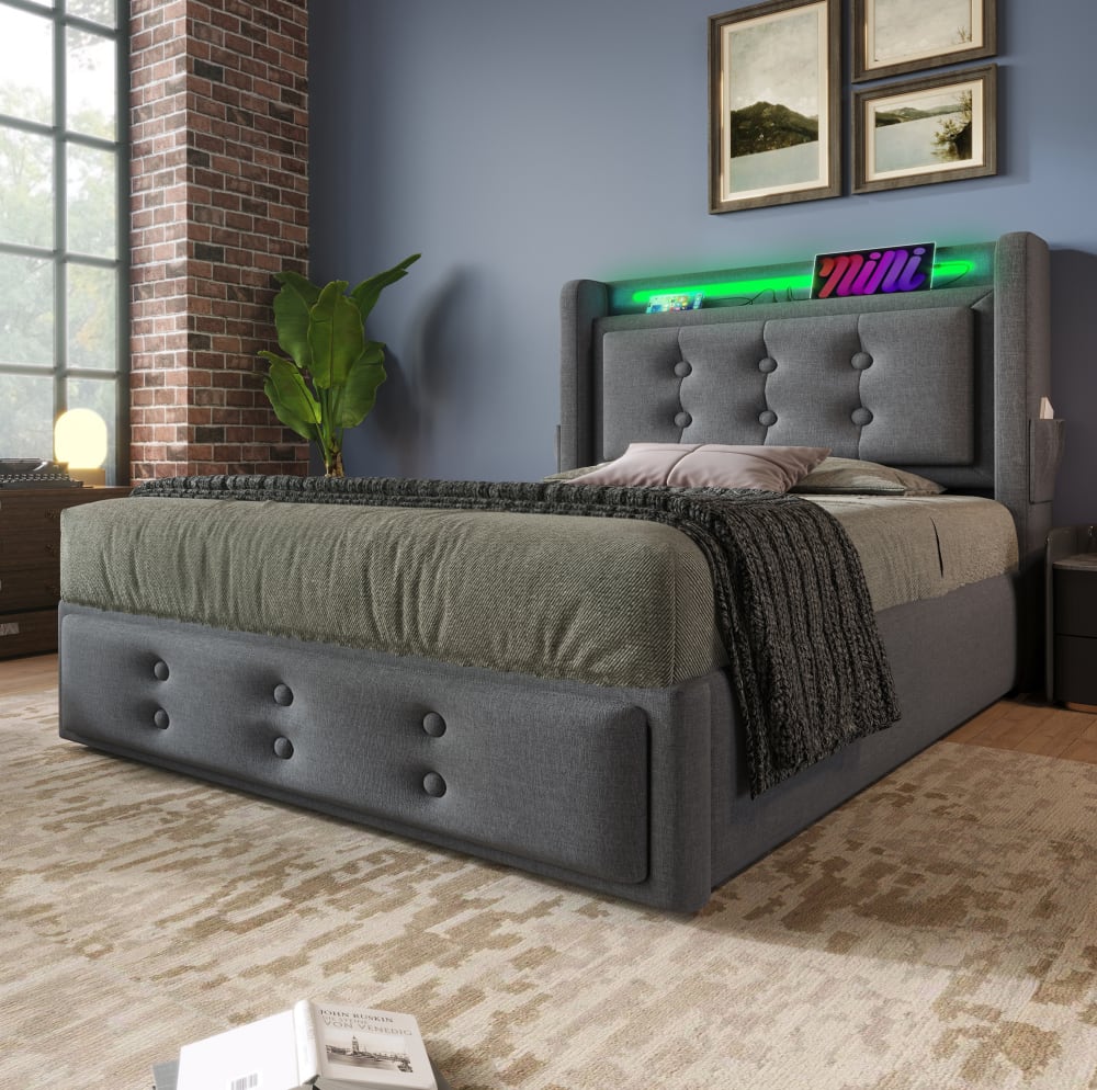 Polsterbett mit LED, USB-C, Stauraum, 90x200 cm, Grau - Maisons