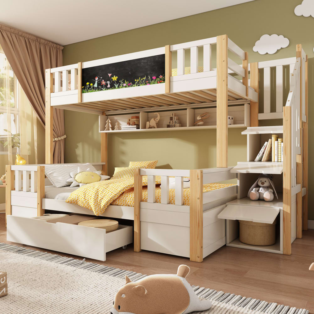 MODFU Etagenbett mit Kreidetafel Stauraumtreppe 90/140x200 Weiß Natur style modern BRAUN HOLZ Baby