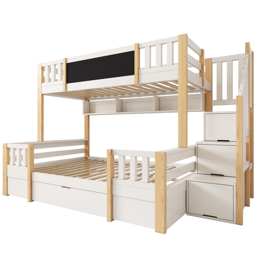 Etagenbett mit Kreidetafel Stauraumtreppe 90/140x200 Weiß Natur -