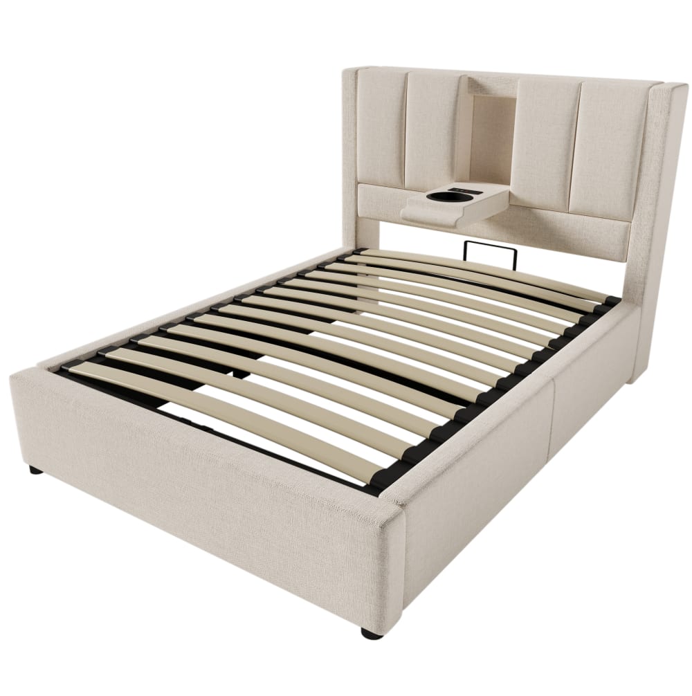 Lit enfant 90x200 avec port de charge et rangement, en lin beige